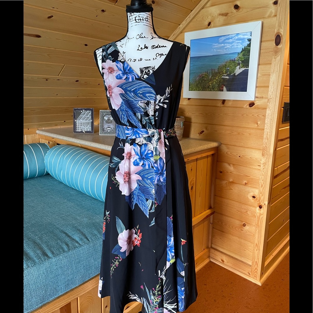Ted Baker, floral, asymmetric dress in black with multicolored floral motif.